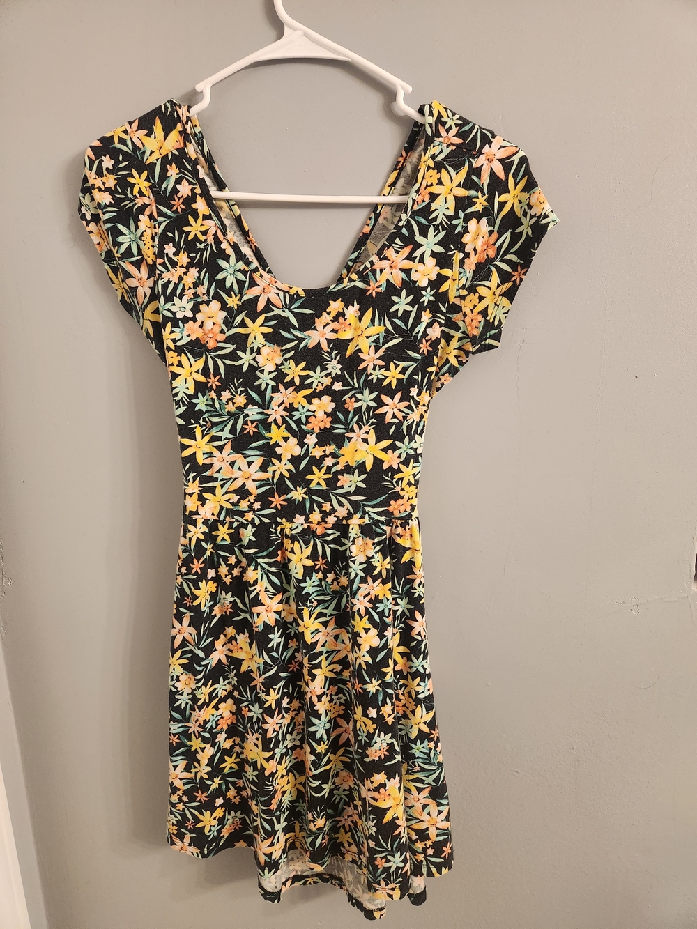 Floral Fit & Flare Dress in Black with Yellow & Peach Flowers